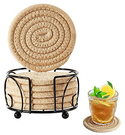 Sagittar Untersetzer Gläser mit Halter, Glasuntersetzer Getränke Tassenuntersetzer Set, Getränkeuntersetzer Rund Handgefertigt Geflochtenes Dickes Baumwollseil, Khaki, 6 Stück