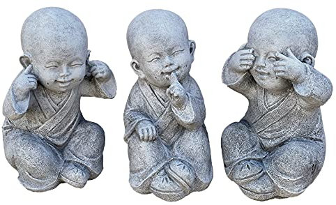 Stone and Style Statuettes en pierre, 3 grands moines Bouddha Shaolin, hauteur : 26 cm, ne rien voir, entendre ni dire