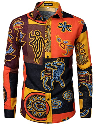 PARKLEES Mens Retro Traditional Ethnic Pattern Printed Linen Long Sleeve Button Down Shirt Yellow L