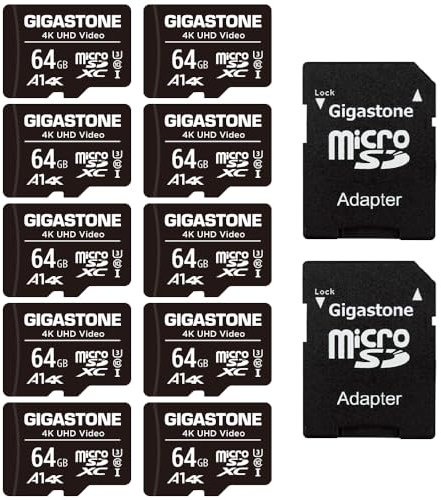 GIGASTONE 64GB MicroSDHC Speicherkarte 10er-Pack + SD Adapter, für Action-Kamera, GoPro, Drohne und Tablet, Lesegeschwindigkeit bis zu 90MB/s, Full HD-Videoaufnahme, Micro SD Karte UHS-I Klasse 10 U1