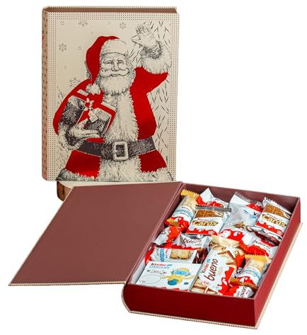 Onza Cesta de Navidad con Chocolates originales para regalar de Kinder Bueno. Libro de Papá Noel relleno de chocolatinas Kinder Bueno, Happy Hippo, Kinder Chocolate Mini, Kinder Cards, Schokobons.
