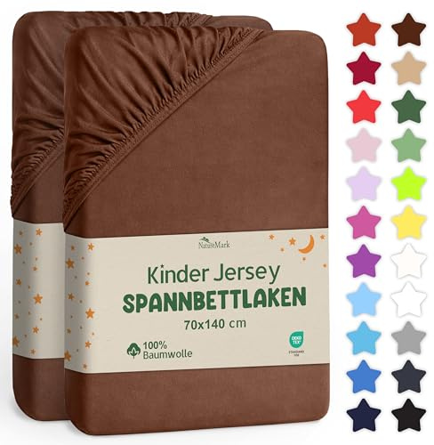 NatureMark 2er Set Kinder Spannbettlaken Jersey, Spannbetttuch 100% Baumwolle, für Babybett und Kinderbett | 70x140 cm - Schoko braun