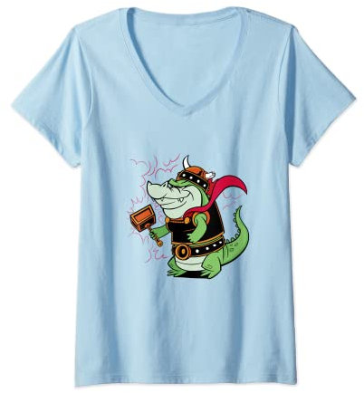 Damen Wikinger Alligator Cartoon Krokodil Hammer Helm T-Shirt mit V-Ausschnitt