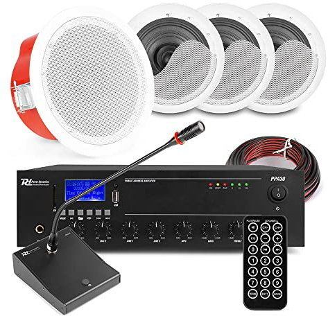Power Dynamics CSF5 Commercial Ceiling Speaker System - 4x 5 100V PA Speakers, 30W Bluetooth Amplifier, Paging Microphone, Background Music Audio Kit for Offices, Shops & Restaurants