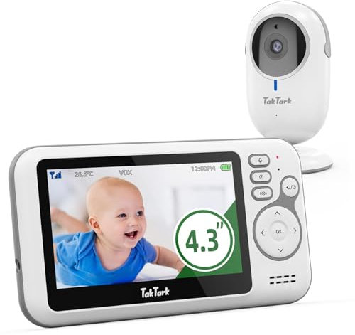 TakTark Babyphone mit Kamera, 4.3'' Babyphone Video Baby Monitor, Babyfon mit Kamera und Audio mit VOX, Gegensprechfunktion, Nachtsicht, Digitalzoom, Temperaturüberwachung und Keine störenden Lichter