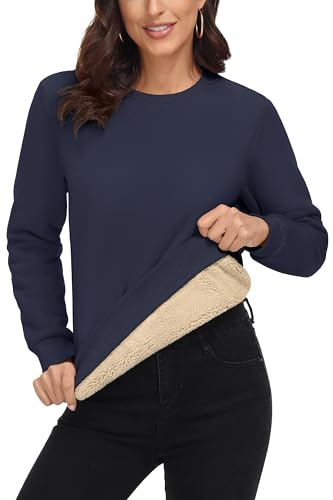MAGCOMSEN Sweatshirts for Women Crewneck Sherpa Fleece Sweaters Pullovers Work Casual Pullover Warm Winter Sweat Shirts Navy,S