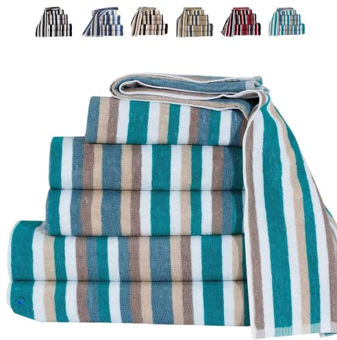 TheWhiteWater – Pack of 2 100% Natural Cotton Hand Towels – Teal Striped 50 x 85 cm – Soft 550 GSM Royal Victorian Flossy Salon Style – Quick-Dry, Absorbent – Ideal for Bathroom, Gym or Spa Use (Teal)