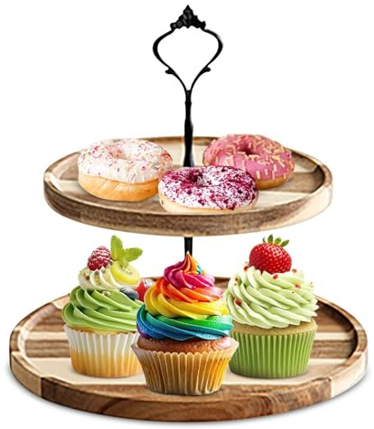 Cyrank Cake Display Stand, 2/3 Tier Wooden Cupcake Stand Round Wooden Tiered Cake Tower Farmhouse Cupcake Display Tiered Tray for Cupcakes Tea Party(02)