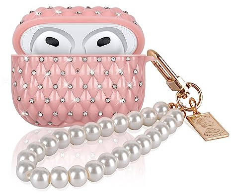 Custodia Lussuoso con Diamante Brillante Design per Airpods 3 Generazione, Protettiva Copertina Glitter in Morbido Silicone con Portachiavi in Perle per Donne/Ragazze, Anti-Smarrimento Antiurto - Rosa