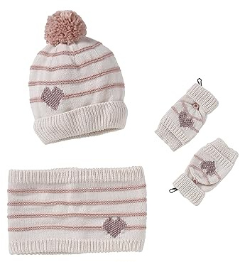 Vertbaudet Mädchen-Set: Mütze, Rundschal & Handschuhe Streifen/Herzen wollweiß/rosa 104/116