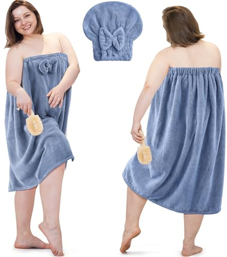 Xtinmee 2 Juegos de Toallas envolventes para Mujer de Talla Grande con Toalla para el Pelo, Envoltura de baño, Ducha, SPA, para Bata de baño para Mujer (Azul)