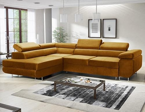 Easy4You Ecksofa Avatar Velvet L-Form – 277x73x203 cm - Schlafsofa mit Bettkasten und Schlaffunktion - Eckcouch mit Stauraum – Rechts – Stoff Monolith Senf(M48)