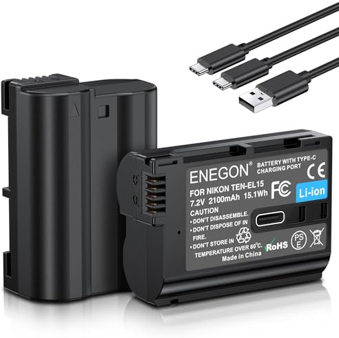 ENEGON EN-EL15/EL15C USB-C Direktladung Ersatzakkus 2100mAh (2er-Pack) mit 2-in-1 USB-C Ladekabel fü Nikon D7100 D750 D7000 D7200 D610 D880,D810 D800 D600 D800e D810a Z5 Z6 Z7 Z8 ZF