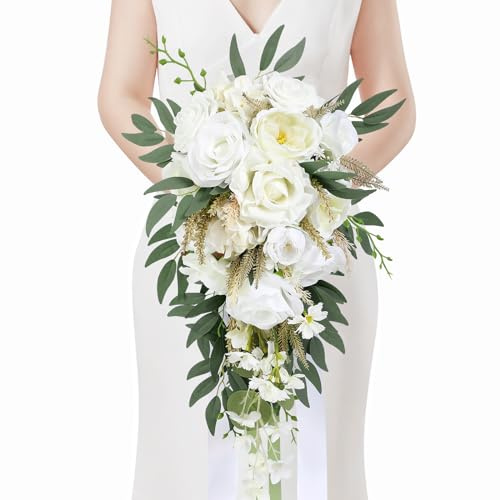 Serwalin 11 Inch Wedding Bouquets for Bride Bridesmaid, Natural Whites Rose Bridal Bouquets for Bride, Wedding Flowers Bouquet Tossing Bouquet, Wedding Ceremony and Anniversary Decor