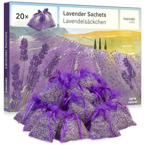 Lavender Bags : 20 Dried Lavender Flowers Bags as Natural Air Freshener and Moth Repellent for Wardrobes – Wardrobe Fresheners – Car Freshener – Room Air Freshener – Lavender Sachets by Inovida