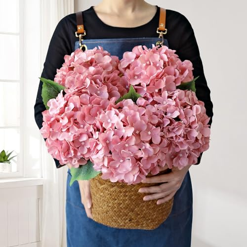 JINWOE 5 hortensias Grandes de Seda Rosa de 50.8 cm, Cabezas de Flores Artificiales realistas de Color marrón camafeo con Tallos, hortensias Falsas para Bricolaje, Bodas, Baby Showers, Centro de Mesa