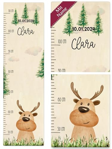 Messlatte Kind Holz - Hirsch mit Name und Datum Kindermesslatte Babymesslatte Jungen Mädchen - 50-110 cm - Holz - kinder personalisierte