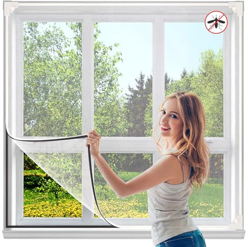 Magnetic Fly Screen Window, Adjustable Fly Net for Windows Max 120 x 100 cm(47''x 39''), Easy Installation Mosquito Net, Window Mesh Insect Screen Keep Bugs Flys Mosquitoes Pollen Out (White)