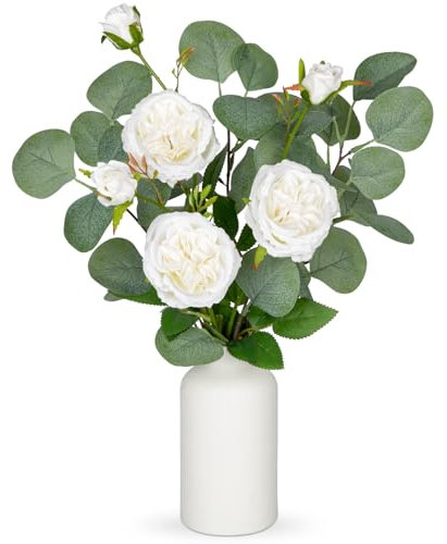 Arborus Artificial Flowers in Ceramic Vase 40CM Artificial Eucalyptus with White Rose Flowers in Vase Fake Eucalyptus Plant Flower Arrangement for Home Table Centerpieces Wedding Decorations