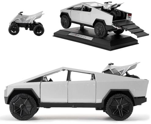 TGRCM-CZ 1/32 Tesla Cybertruck elettrico pick-up modello auto con una moto, lega di zinco pull back auto giocattolo con suono e luce per bambini ragazzi ragazze regalo (argento)