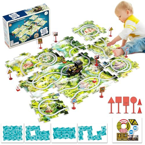 DIY Puzzle Bahn Auto-Vorwärts Zug Spielzeug 12 pcs Großes Puzzle mit 4 Routen Spielzeugauto Autorennbahn Elektro Dampflokomotive, Kinderspielzeug ab 2 3 4 5 6 Jahre Junge Mädchen Geburtstag Geschenke