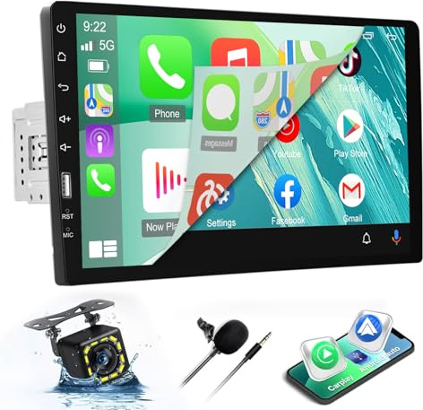 Radio de coche 1 DIN con Carplay y Android Auto, Bluetooth para coche, pantalla táctil de 9 pulgadas con ecualizador, enlace espejo, FM, SWC + cámara de copia de seguridad