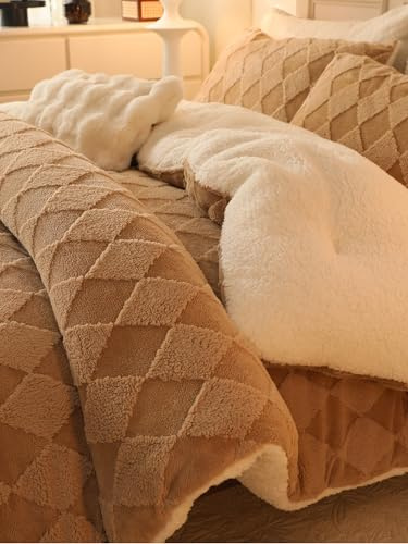 hadamick Tufted Fleece Comforter Set Queen - Super Soft Warm Fluffy Shaggy Bedding Sets, Diamond Plaid Jacquard Bed Set for Winter, 1 Sherpa Comforter with 2 Pillow Cases (90X90 Beige)