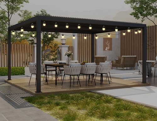 PURPLE LEAF Pergola Bioclimática 4,8 x 3,68 m Pergola aluminio con guirnalda luminosa exterior cenador de jardín hojas orientables para terraza exterior carport, gris