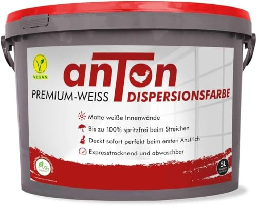 Anton | PremiumWeiss | Profi Wandfarbe | extra stark in Deckkraft und Waschbeständigkeit | strahlendes Matt-Weiß | wasserbasiert | spritz-&streifenfrei | 50m² | 5L | + PROFI ROLLER GRATIS