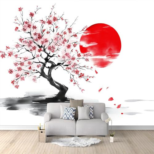 Pittura A Inchiostro Fiori Di Ciliegio Giapponesi Carta Da Parati 3d Fotomurale Bianco Rosso Murali Per Soggiorno Divano Tv Hotel A Tema Corridoio Di Lusso Sfondo Dipinto Murale 300x210 cm