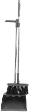 Healeved Soft Bristle Broom and Handled Dustpan Set, Large Upright Cleaning Shovel Long Handle, Plastic Dustpan for Home Kitchen and Garage Indoor Use, Two-Piece Gentle Grey Sweep Kit