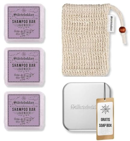 Störtebekker® Premium Duschset - Festes Shampoo Lavendel (x3), Sisalsäckchen + GRATIS Seifendose Aluminium - Shampoo Bar Set für Haare, Kopfhaut & Bart - Handgefertigt in Seifenmanufaktur