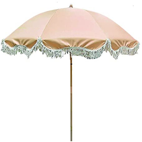 2M Retro Luxury Beach Parasol with Fringed Garden Umbrella Surface UV50+ Protection Wear resistant Polyester Material Beach Umbrella (Without Base)