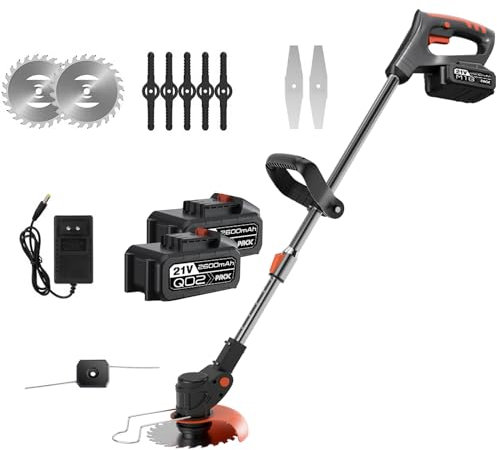 Coupe Bordure sans Fil avec Batterie,Debroussailleuse Electrique sans Fil,avec Lames,Poignée Télescopique Debrouissalleuses Légère à Faible Bruit pour Jardin, Pelouse, Ferme ﻿ (2 Batterie)