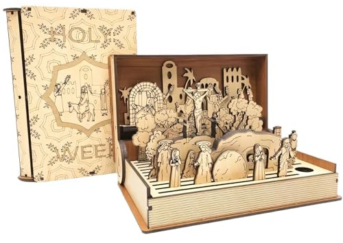 FONDUO Ostern Deko Krippenfiguren Holz Tischdeko Set, DIY Ostern Basteln Geschenk Heimdekoration, Handgefertigte Osterszene Osterdeko Osterkrippe Buch Bastelset Für Zuhause Tisch Büro Osterdekoration