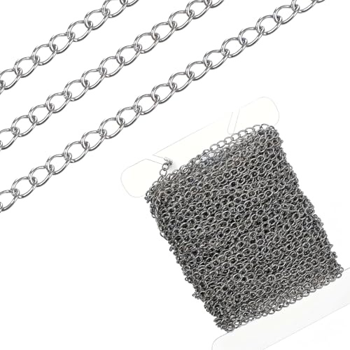 HJZHII Stainless Steel Curb Chains, 30 Foot Silver Link Chain Stainless Steel Color Plated for Jewelry Making Bracelet Necklace Soldered Handcraft Chains Metal Chain Roll Keychain Craft Supplies