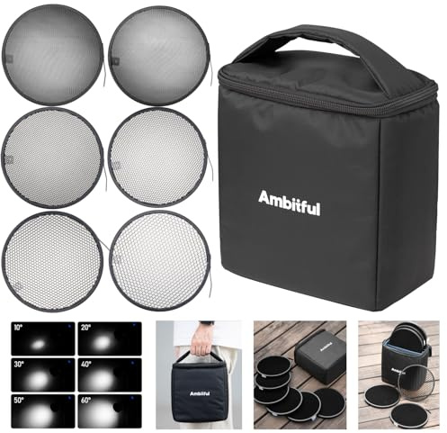 AMBITFUL HC-06 Honeycomb Kit - 6 pcs 10°/20°/30°/40°/50°60° Standard Reflector Honeycomb (6.69inch/17cm) with Protective bag Compatible with 7'' Standard Reflector