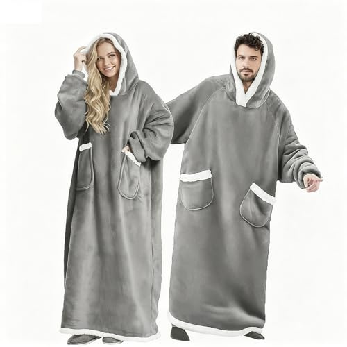Long Hoodie Blanket for Women and Men, Wearable Blanket with Sleeves and Giant Pockets, Thick Flannel Sherpa Fleecea hoodie,Super Soft Warm Cozy Oversized Winter Robe