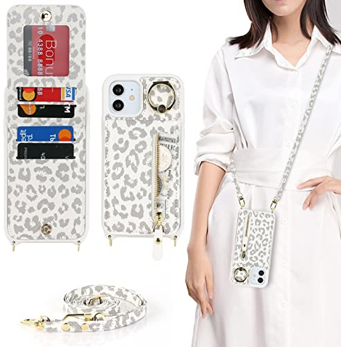 CAVOR Handykette Handyhülle Kompatibel mit iPhone 12/12 Pro Hülle Mit Band,Flip Leder Geldborse Handyhülle,[4 Kartenfach][Ring Stander][Reißverschluss],Handytasche zum Umhängeband - Weiß Leopard