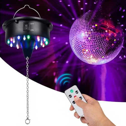 Disco Ball Motor Rotating with Light: Mirror Ball Spinner with Remote Adjustable Speed - Battery Operated Rotating Motor 18 RGBW LED Lights for DJ Party Weddings Christmas