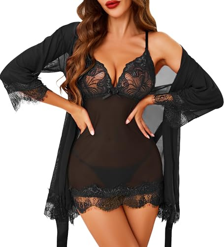 Lovasy Lingerie for Women Sets Mesh Babydoll with Robe Nighties Nightdress,Black,M