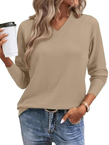 Joligiao Mujer Punto Jersey Casual Jerséis de Manga Larga Suéter de Punto Cuello en V Elegante Cálido Pullover Camisetas de Punto Jumper Tops de Otoño e Invierno Suéter Liso para Mujer(Beige,L)