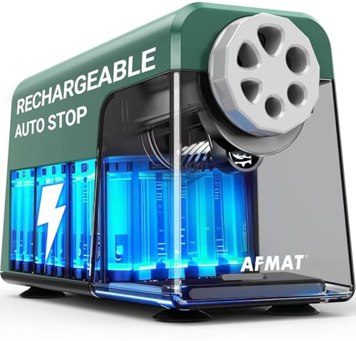 AFMAT Electric Pencil Sharpener Heavy Duty, 6 Holes, Rechargeable Pencil Sharpener with Container for Colored Pencils 6-11mm, Auto Stop,for School, Home, Classroom,Battery Operated,Green PSD1