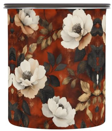 Quteprint Stainless Steel Coffee Storage Containers with Airtight Lid, Retro Chrysanthemum Pattern Leaves 17oz Food Storage Container Kitchen Canister for Tea, Coffee Beans, Ground, Sugar Storage