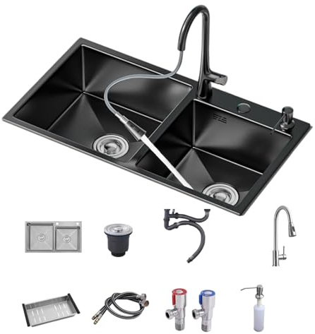 Fregadero de cocina de doble tazón, lavabo comercial de acero inoxidable 304 con drenaje y desbordamiento, grifo desplegable para baños