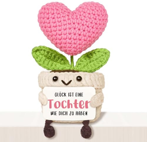 Giftasy Mutter Tochter Geschenk - Handgemachte gehäkelte Herzblume mit Energiekarte, Tochter Geschenke von Mama, Geburtstag Weihnachten Geburtstagsgeschenk
