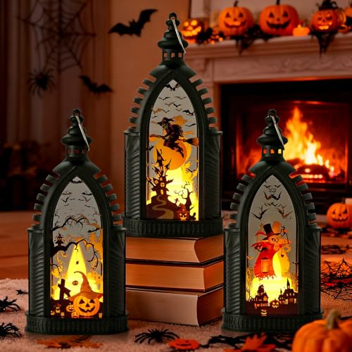 3 Piezas Decoracion Halloween Exterior Linterna, Farol Halloween, Iluminación LED Colgante Linterna Calabaza Cuervo Bruja Fantasma, Linternas Jardin a Pilas, Decoración Casa Lámpara Interior Vacacione