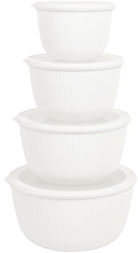 BoxedHome Salatschüssel mit Silikon Deckel 8tlg., BPA-FREE Kunststoff, Weiß | 4,7/3,2/2,1/1,2L, Matte Oberfläche, Dezentes, Klassisches Rillendesign, Spülmaschinenfest, Stapelbar, für Camping und Küche