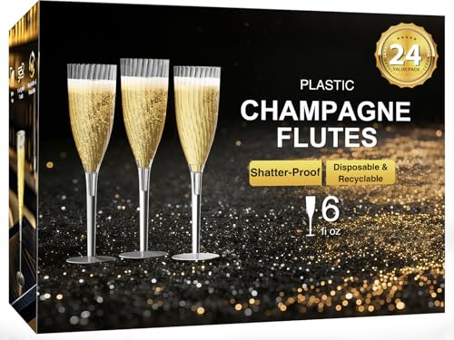 GuanQiao 24 Pack Clear Champagne Flutes, 6oz Disposable Wine Glasses with Long Stem, Reusable Plastic Cocktail Glasses for New Years Eve Party Birthday Wedding Celebration Toasting Drinking