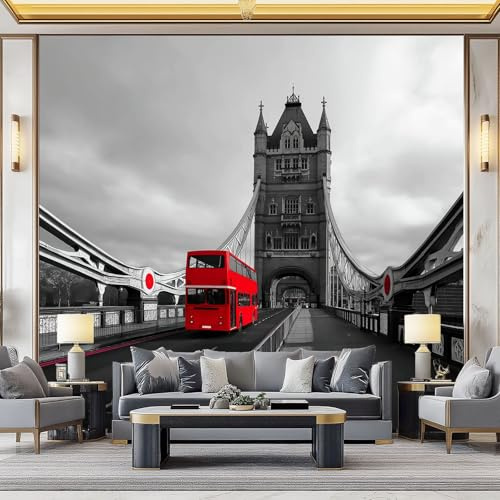 Papel Pintado Tejido No Tejido 250 x 175 cm (An x Al), Gris Oscuro Fotomurales - Moderno Ciudad Londres Autobús Rojo Decoración de Pared con Murales Decorativos